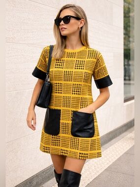 Patrizia Luca Milano Mustard Black Geometric Knit Mini Dress S/M Mod Chic